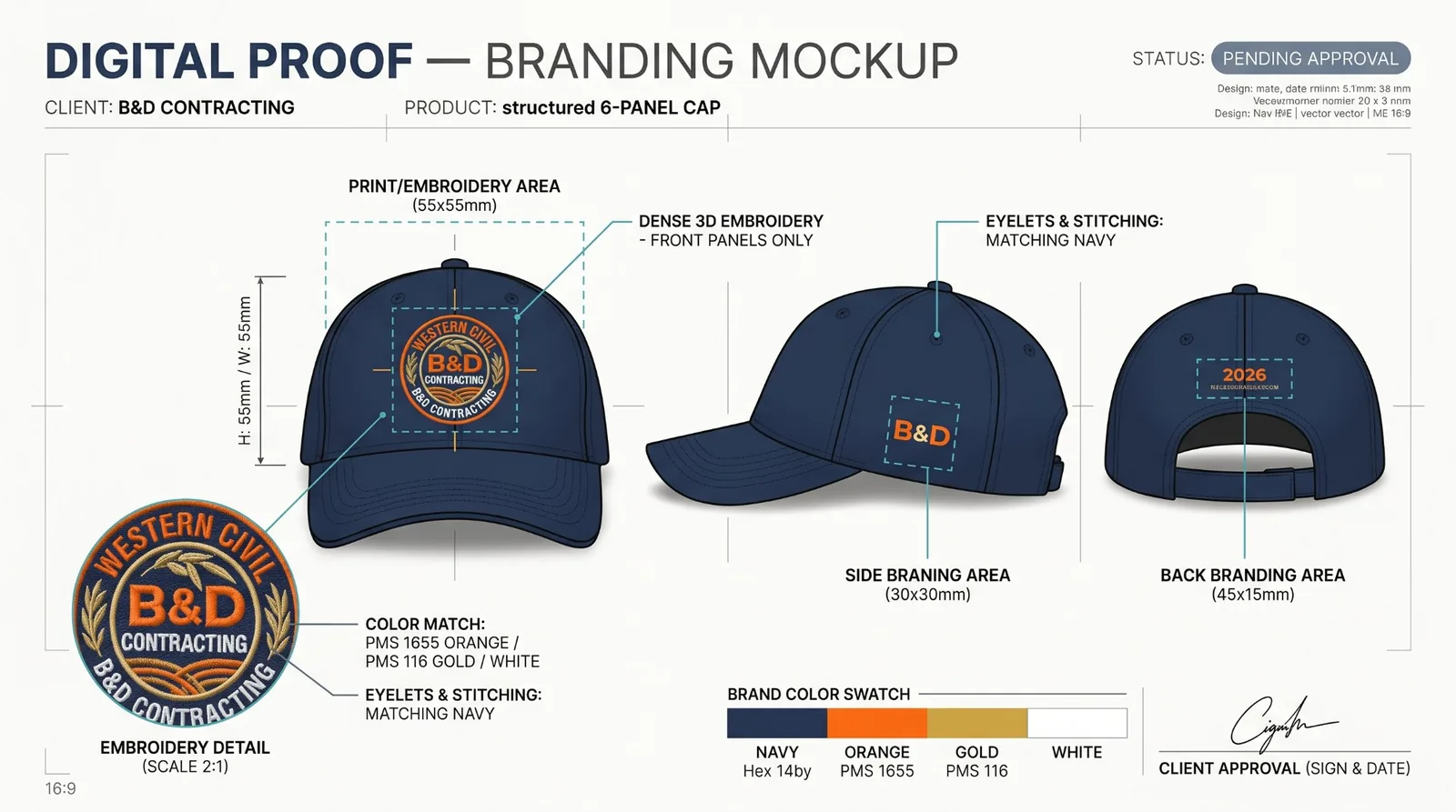 Digital proof of a navy structured cap showing logo size, placement and thread colours