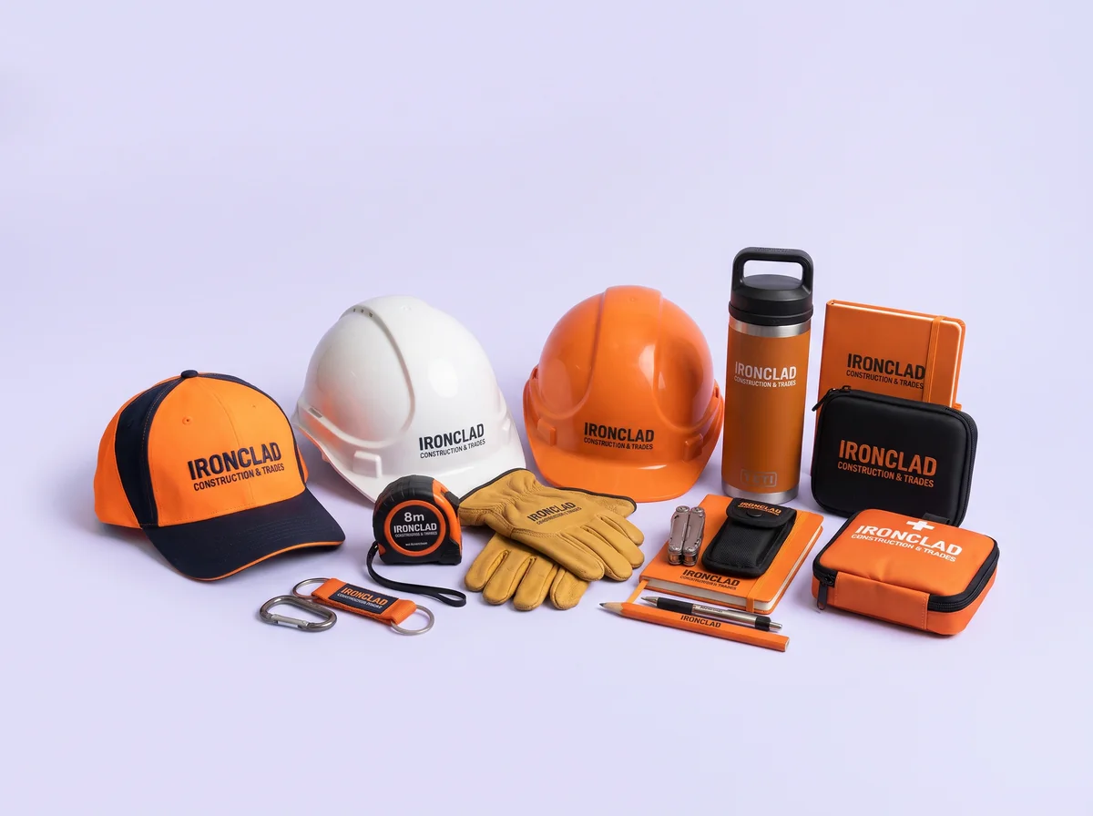 Branded construction merchandise including hard hats, caps, gloves and a drink bottle