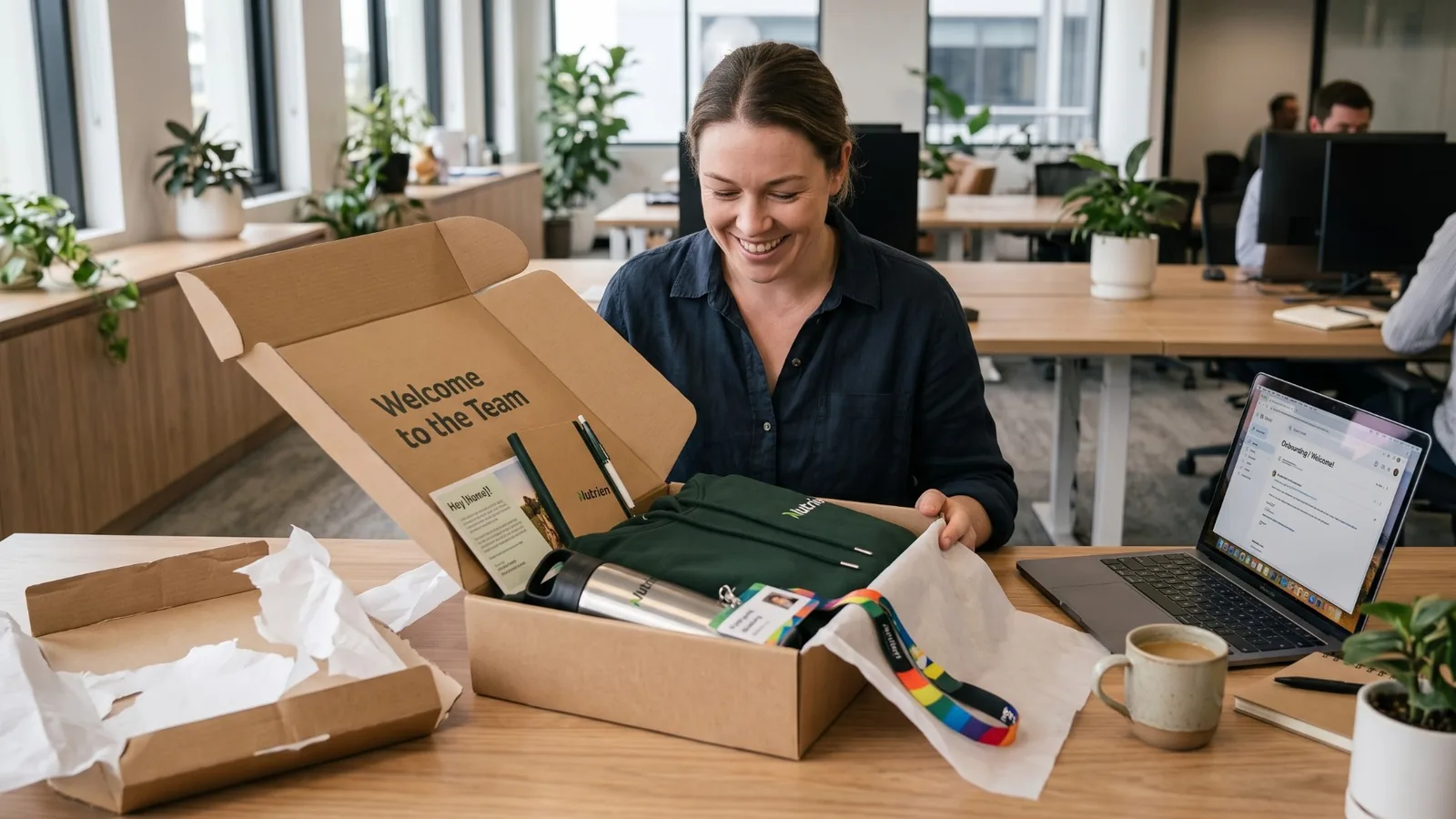 New employee smiling as she unpacks a branded welcome kit with a green hoodie, drink bottle, notebook, pen and lanyard at her desk