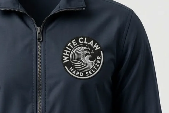 Close-up of an embroidered White Claw logo on a navy jacket