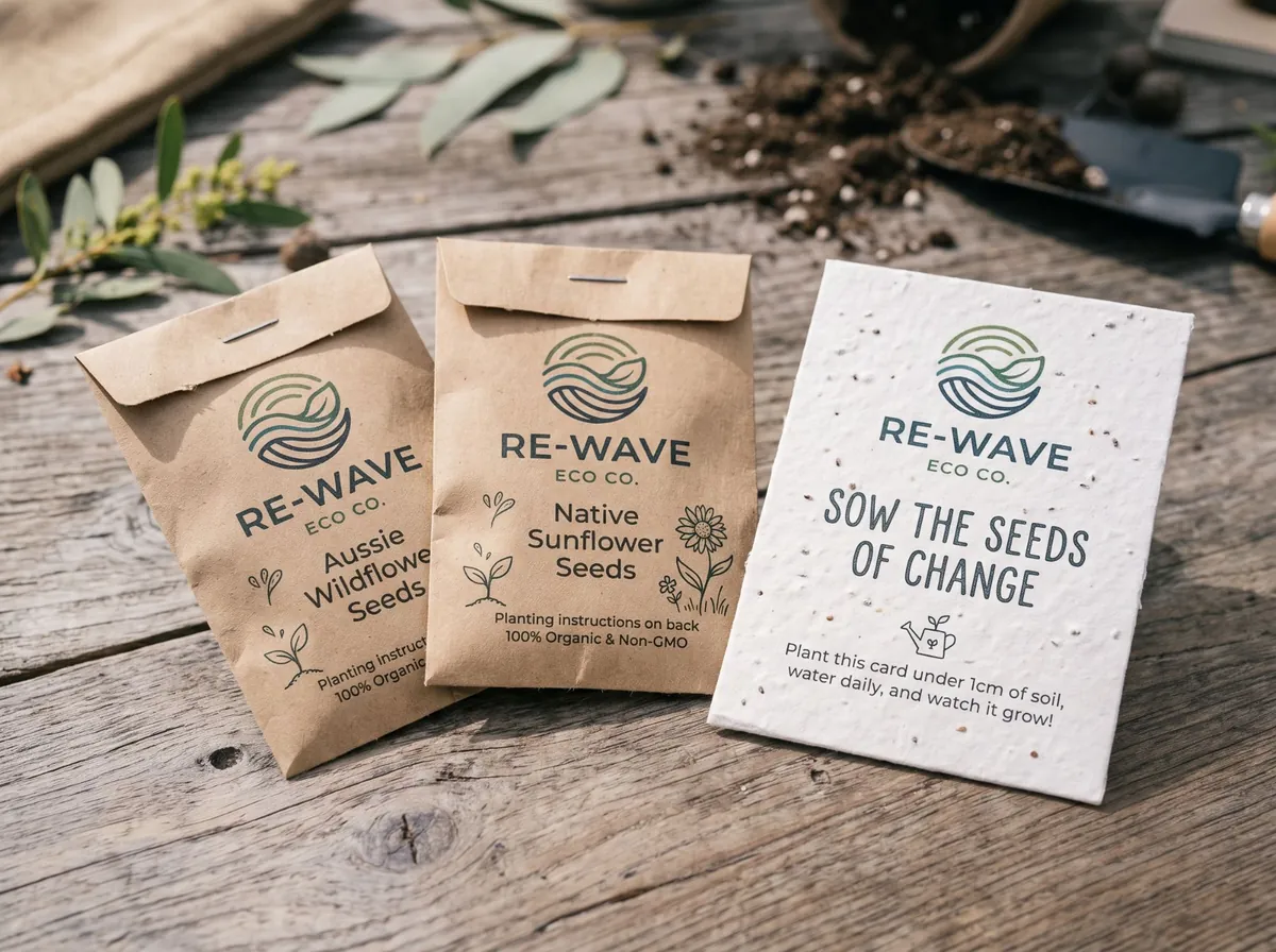 Two kraft paper seed packets and a plantable seed paper card, each printed with a company logo, on a timber table