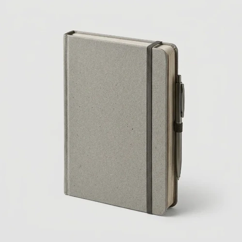 Grey hardcover notebook with pen loop