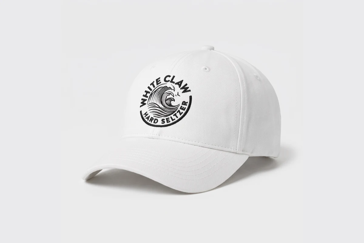 White structured baseball cap with a flat embroidered logo on the front panel