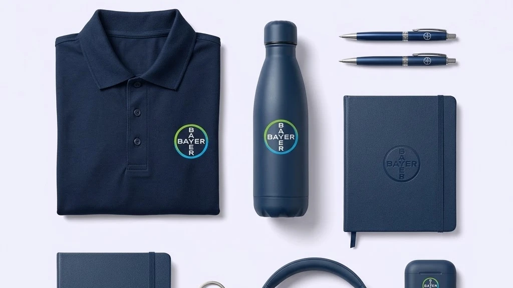 Branded pens, hardcover notebook, insulated bottle and polo in one navy brand colour
