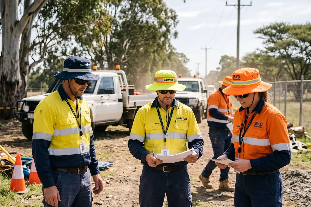Outdoor crew in hi-vis shirts and branded wide brim hats with reflective bands, reviewing plans on a worksite