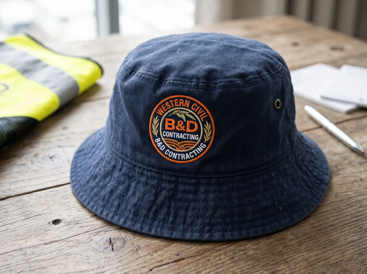 Navy bucket hat with an embroidered round company logo in orange, gold and white