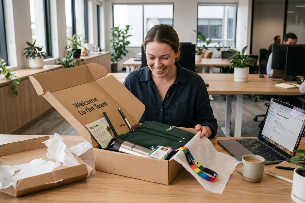 New employee smiling as she unpacks a branded welcome kit with a green hoodie, drink bottle, notebook, pen and lanyard at her desk