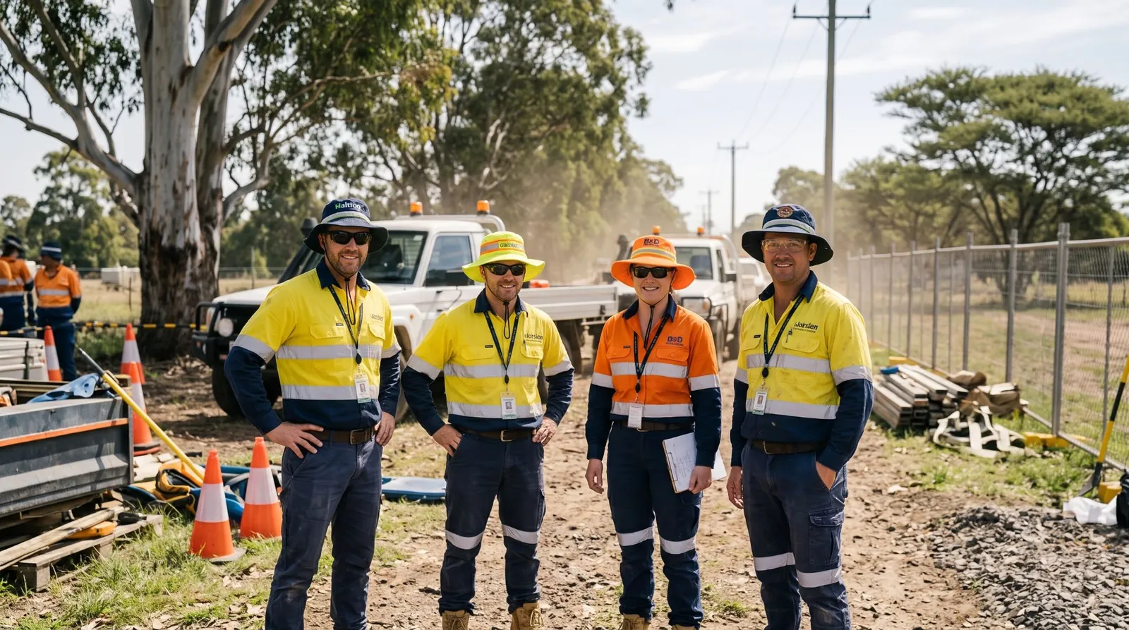 Four outdoor workers in hi-vis shirts and branded wide brim and bucket hats standing on a worksite