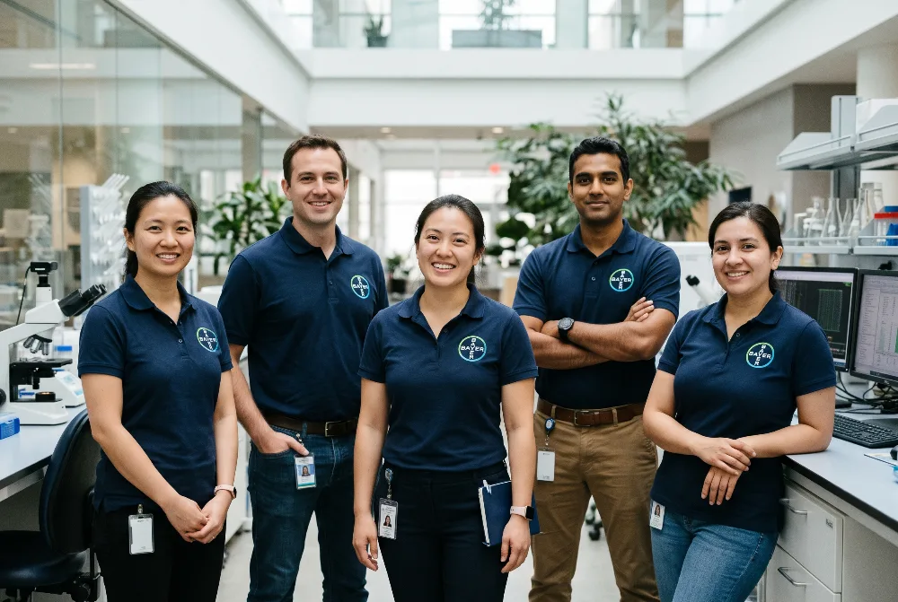 Bayer team in matching navy embroidered polo shirts