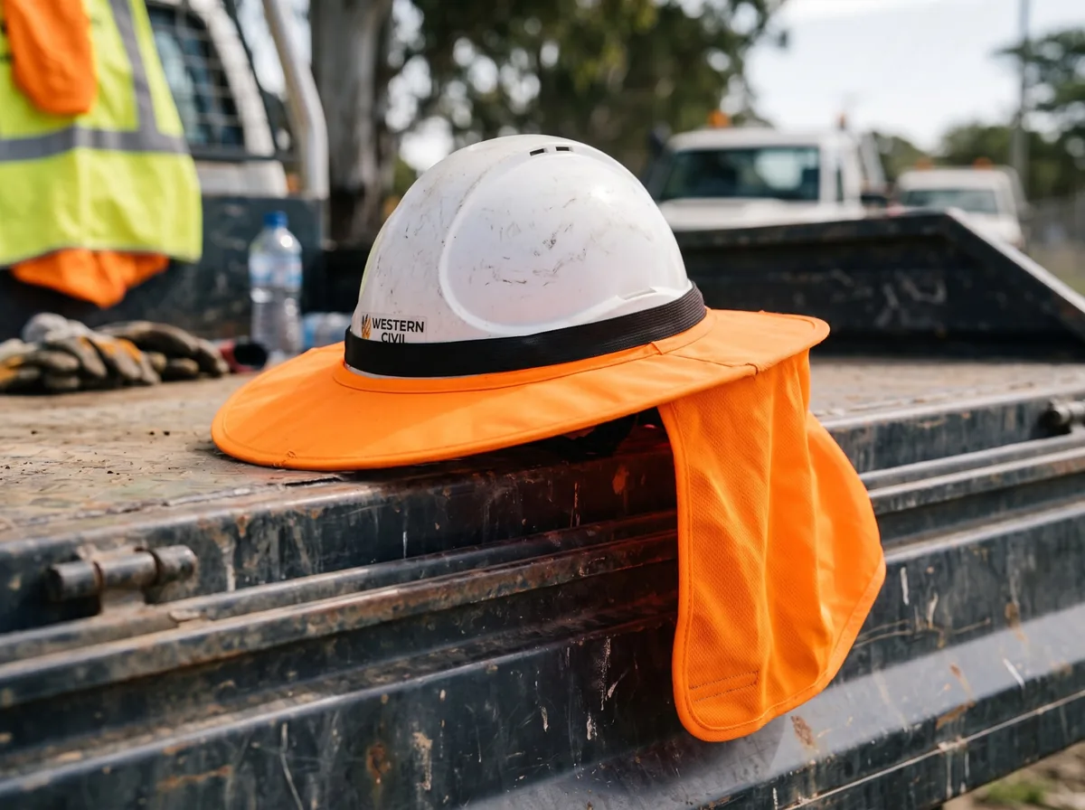 White hard hat fitted with an orange clip-on brim and neck flap, resting on a ute tray