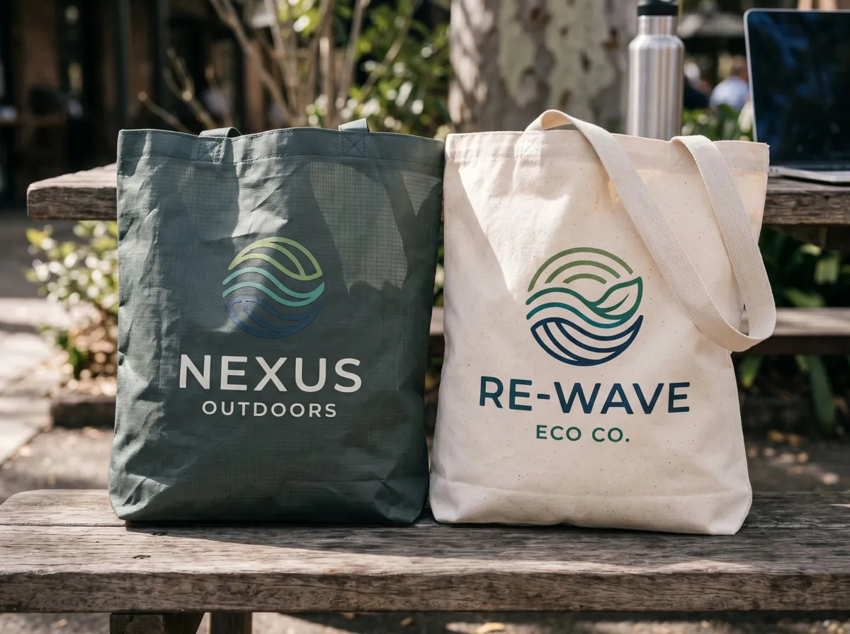 A recycled PET tote bag and a natural canvas tote bag, each printed with a company logo, on a timber bench