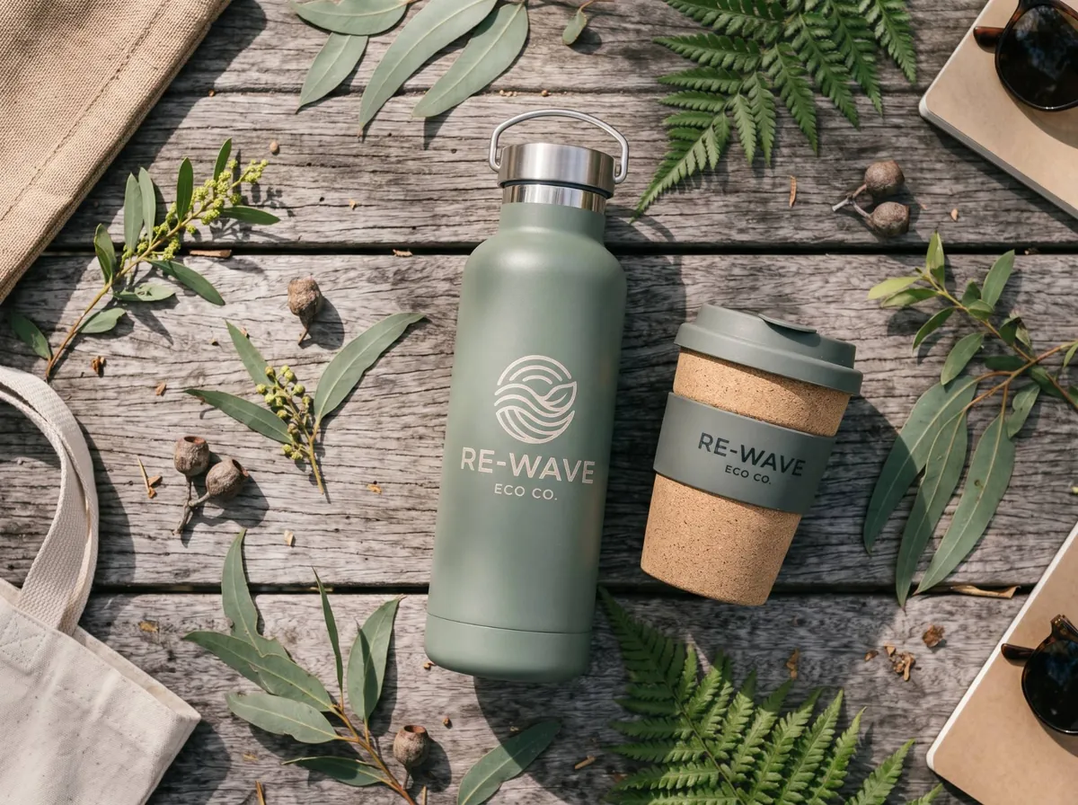 Branded insulated stainless steel drink bottle and a reusable keep cup with a cork sleeve on a timber table