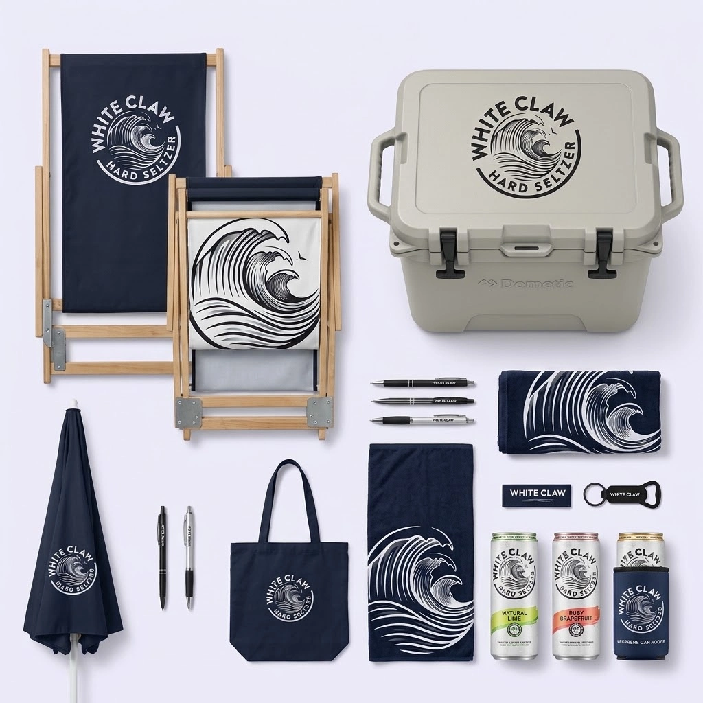 Flatlay image of custom merchandise and promotional products for drinks brand