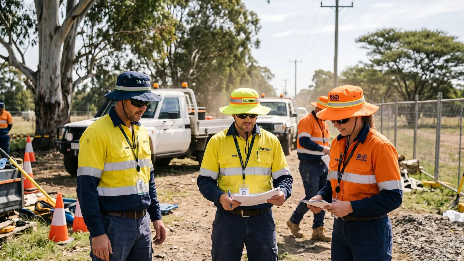 Outdoor crew in hi-vis shirts and branded wide brim hats with reflective bands, reviewing plans on a worksite
