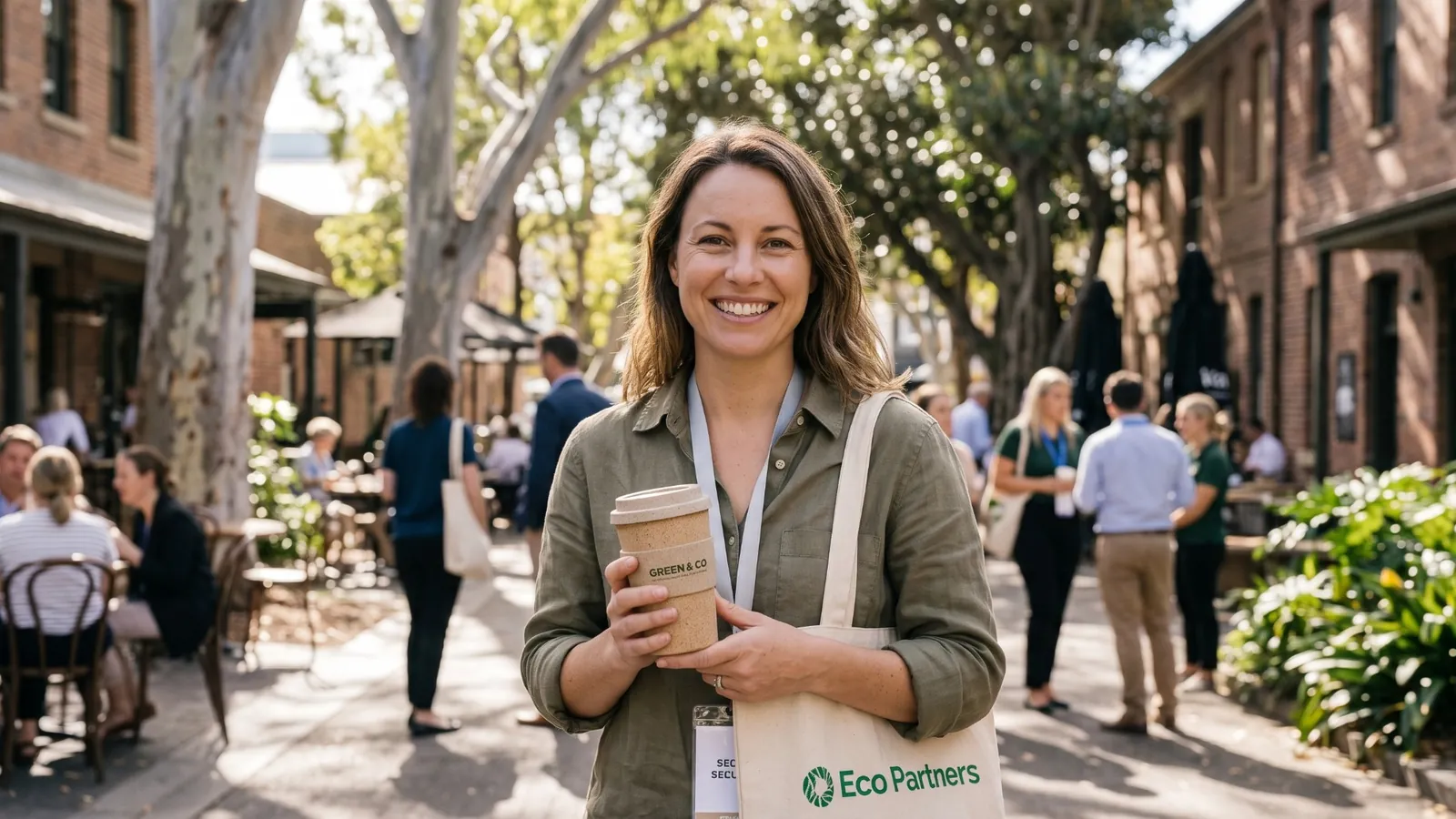 Smiling woman at an outdoor event holding a branded reusable coffee cup and an Eco Partners cotton tote bag