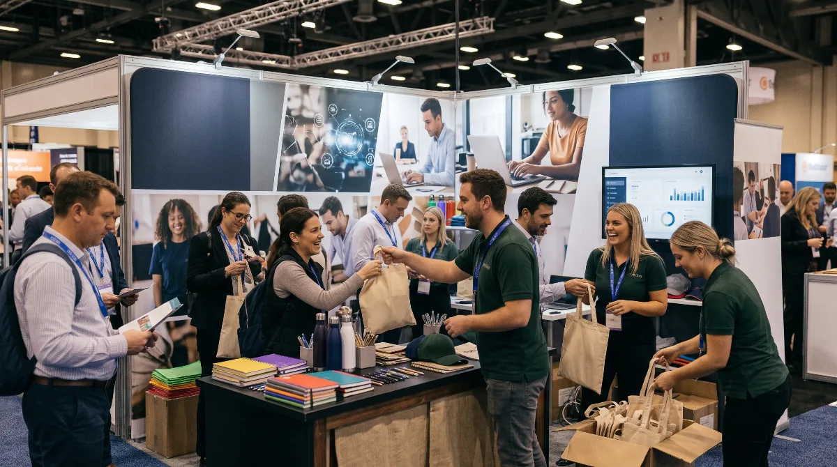 Staff in green polos handing out branded notebooks, tote bags and drink bottles to visitors at a busy trade show booth