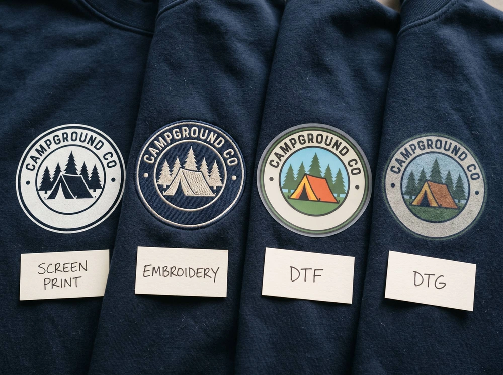 The same logo on four navy hoodies, decorated with screen print, embroidery, DTF and DTG